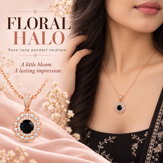 Rose Gold Black Gemstone Halo Necklace