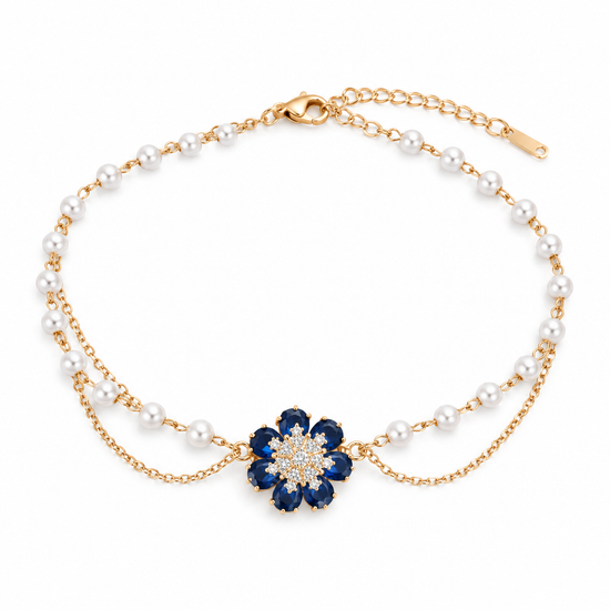 Floral Pearl-Style Bracelet - Navy & Champagne Gold