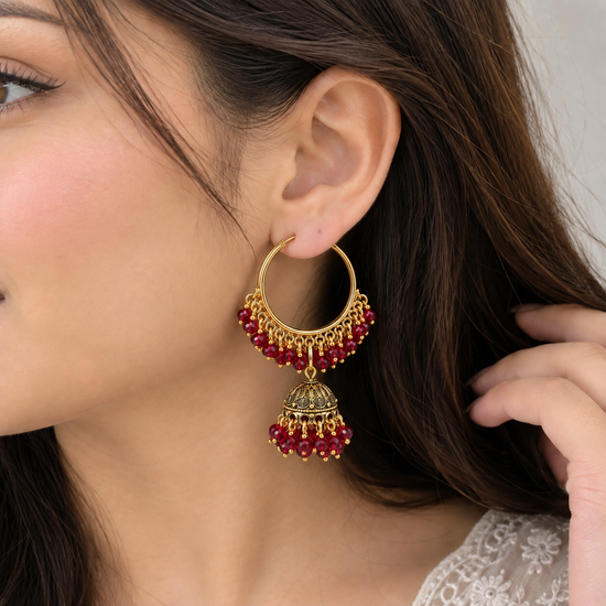 Gold-Tone Jhumka Hoop Earrings with Ruby-Red Beads