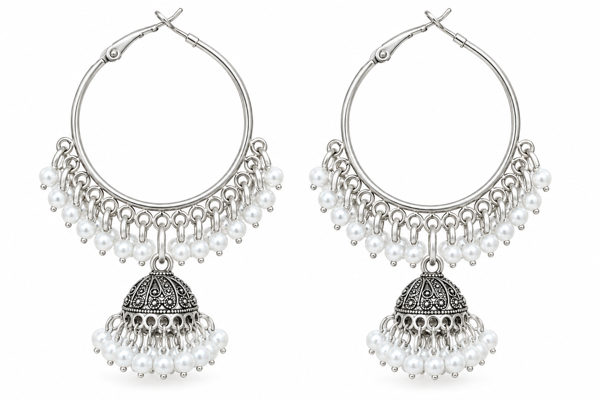 Silver-Tone Jhumka Hoop Earrings with Pearl-Style Beads