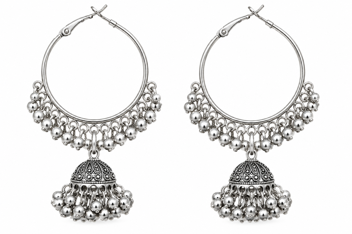 Antique-Look Silver-Tone Beaded Jhumka Hoop Earrings