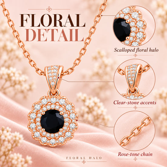 Rose Gold Black Gemstone Halo Necklace