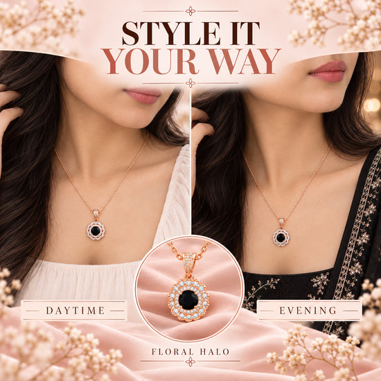 Rose Gold Black Gemstone Halo Necklace