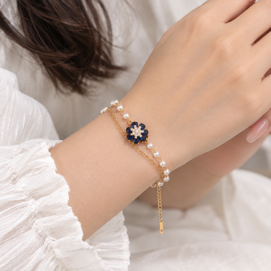 Floral Pearl-Style Bracelet - Navy & Champagne Gold