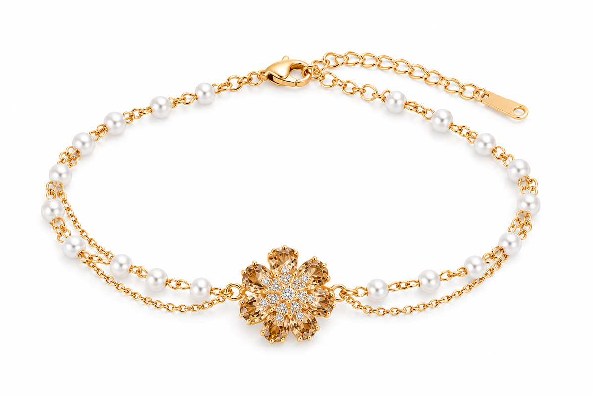 Floral Pearl-Style Bracelet - Navy & Champagne Gold
