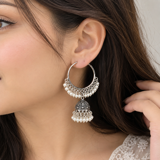 Silver-Tone Jhumka Hoop Earrings with Pearl-Style Beads