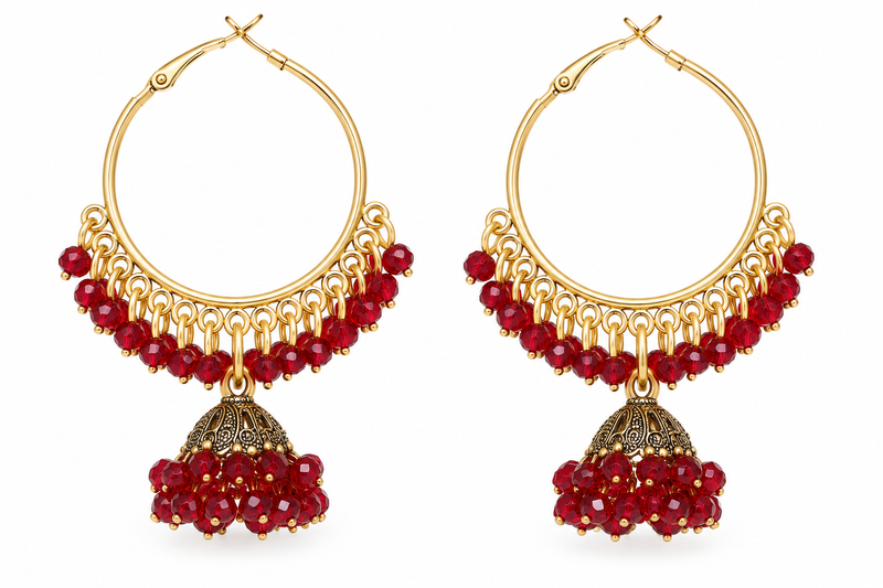 Gold-Tone Jhumka Hoop Earrings with Ruby-Red Beads