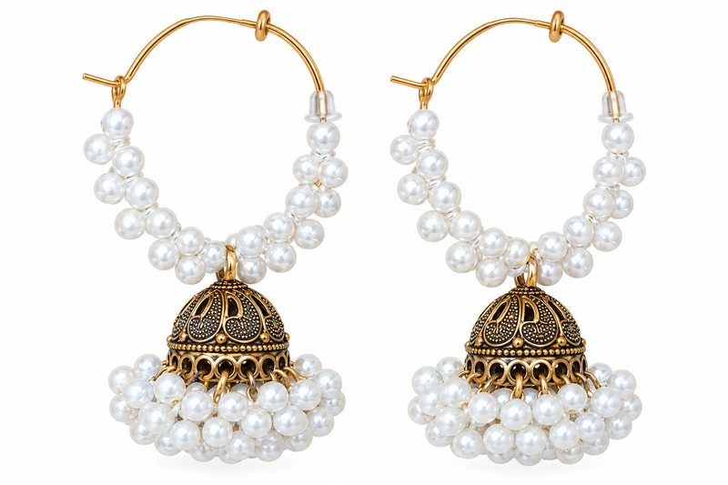 Gold-Tone Pearl-Style Beaded Hoop Jhumka Earrings