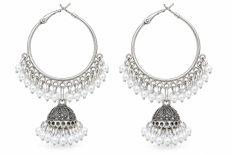 Silver-Tone Jhumka Hoop Earrings with Pearl-Style Beads