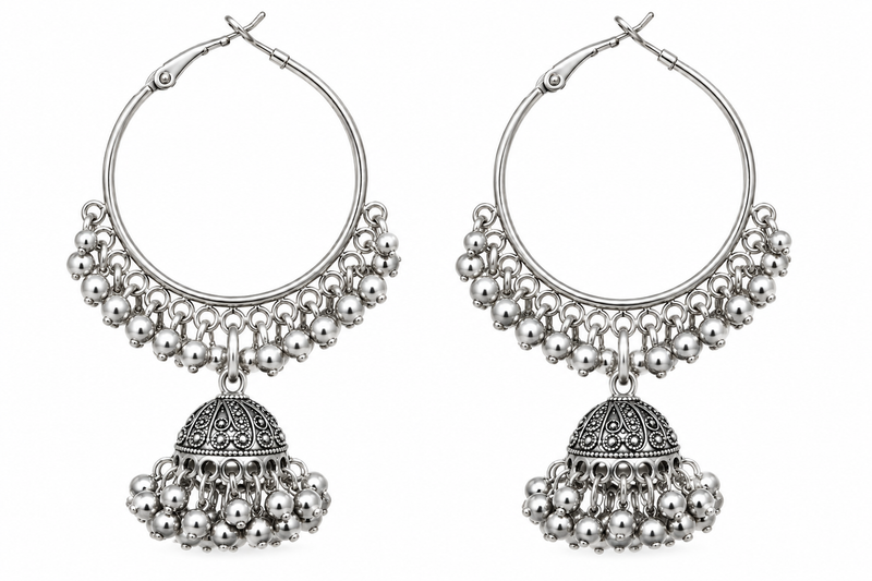 Antique-Look Silver-Tone Beaded Jhumka Hoop Earrings